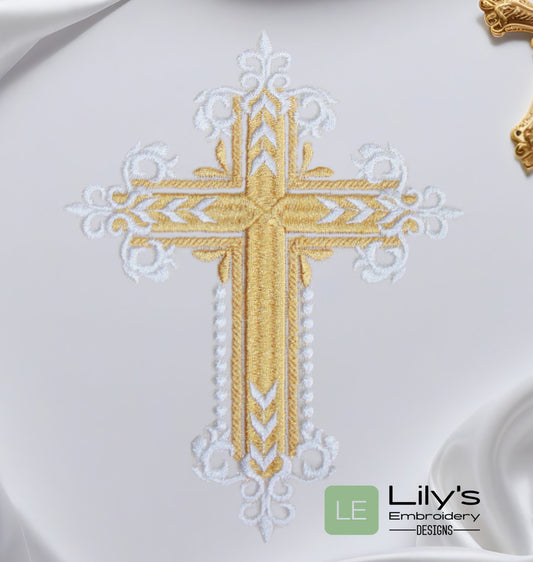 Machine Embroidery Design, elegant gold and white cross - baptize 