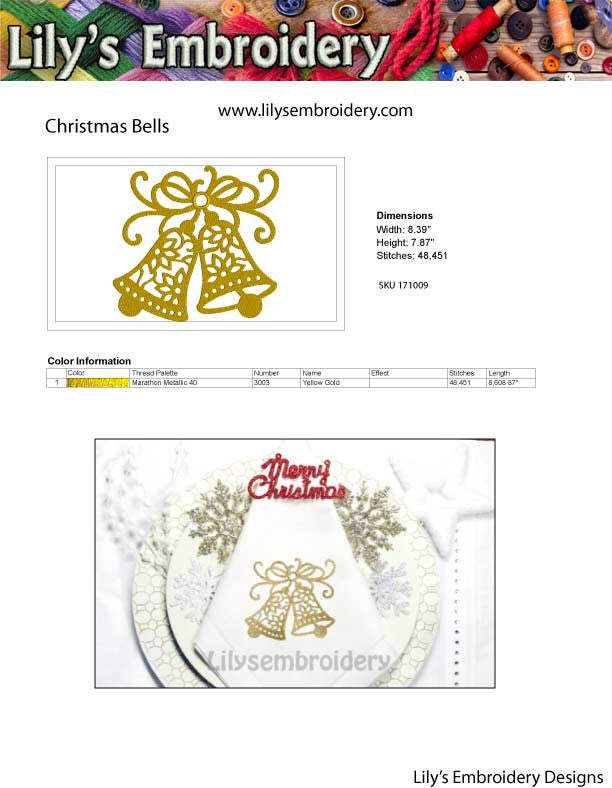 Christmas Bell Machine Embroidery Design in 5 Sizes