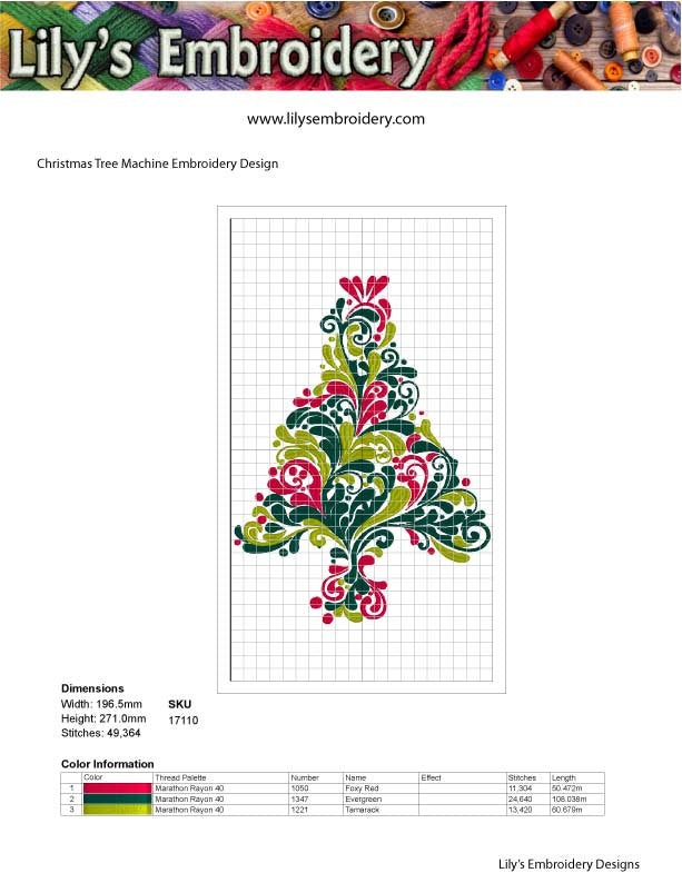 Swirly Christmas Tree Machine Embroidery Design in 5 Sizes