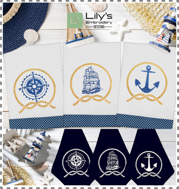 Nautical Machine embroidery Design  Compass, Sail Boat, Anchor – Lily's Embroidery  Designs