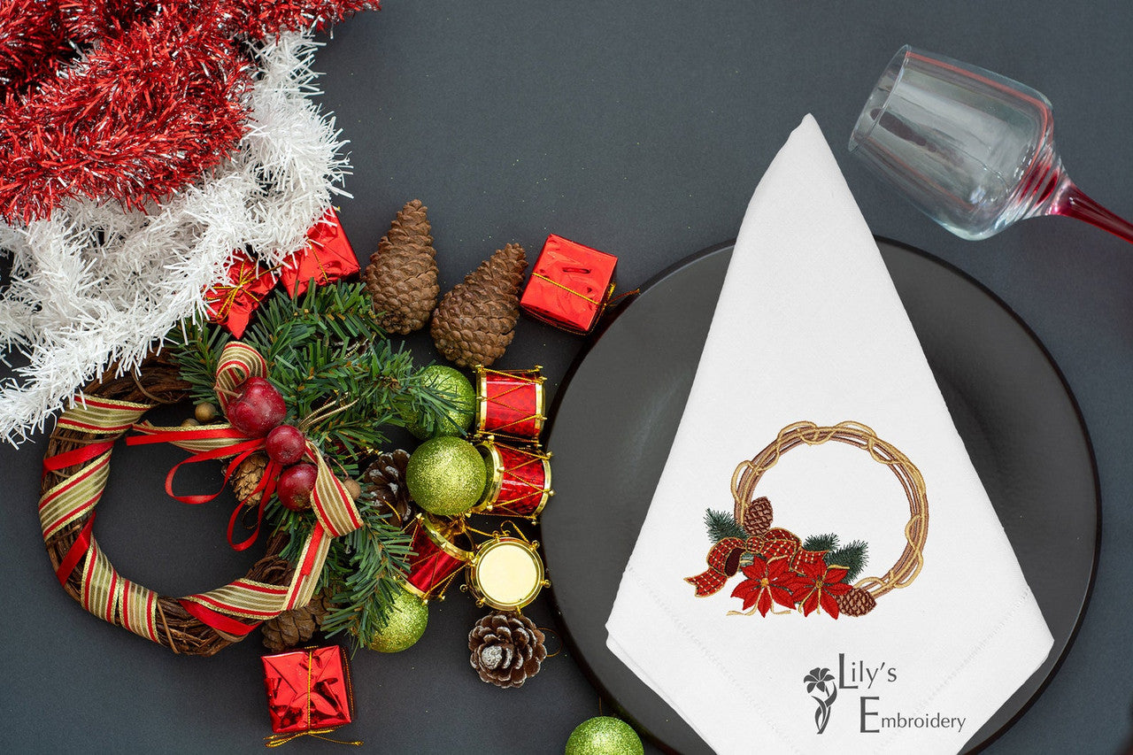 Poinsettia Wreath Machine Embroidery Designs - 3 Sizes