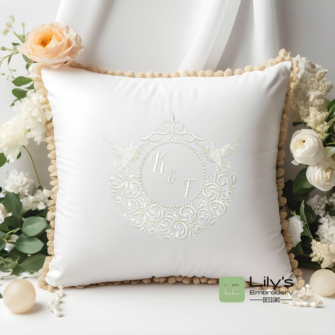 Large - Vintage Wedding Monogram Frame with doves Machine Embroidery Design