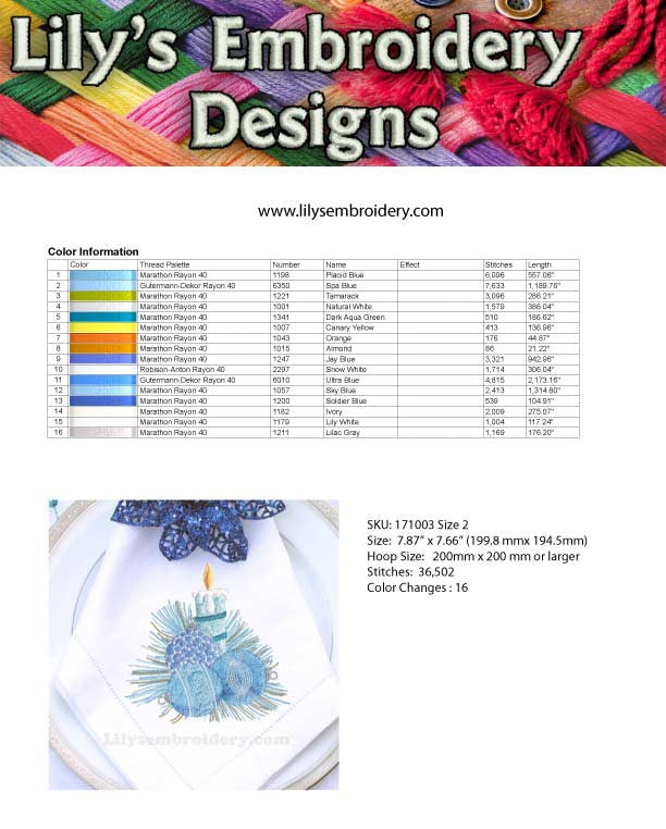 Blue Christmas Candle Machine Embroidery Design