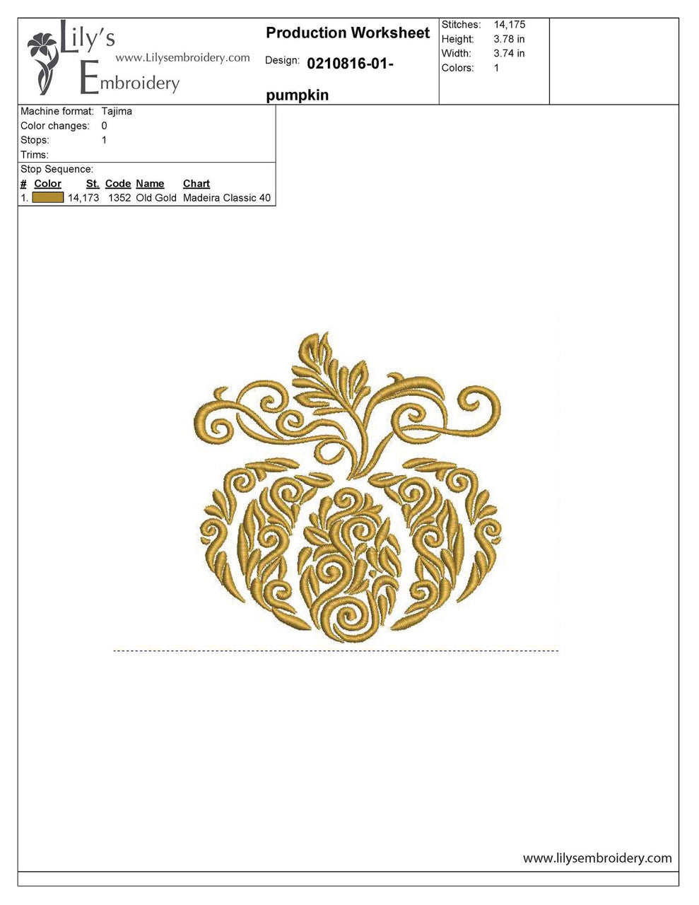 Gold Pumpkin Machine Embroidery Design - Fall - 5 Sizes