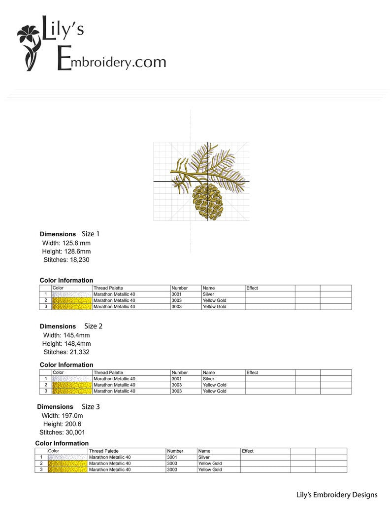 Gold Pine Cone Machine Embroidery Designs - 3 Sizes