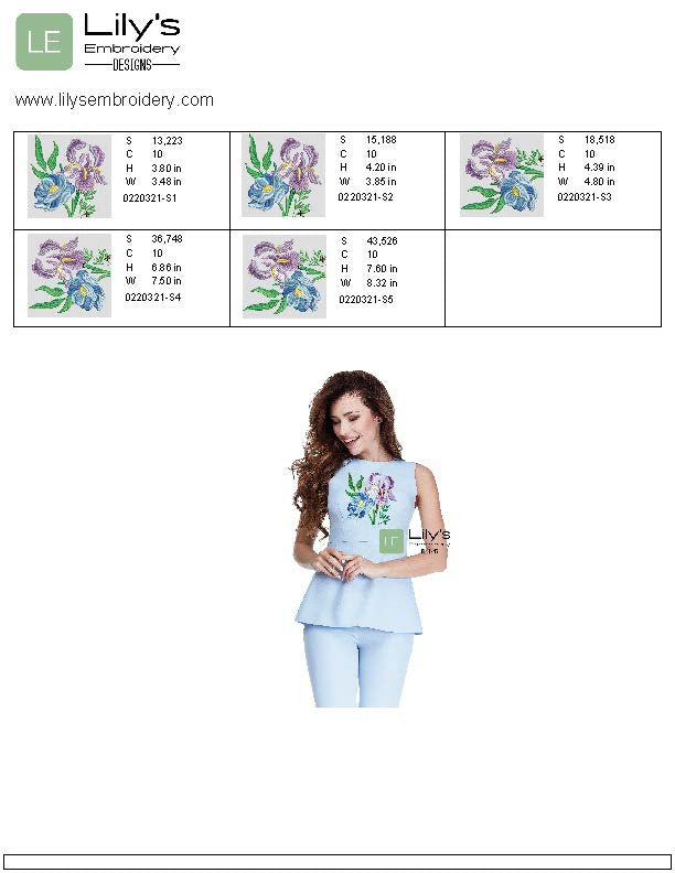 Iris  Blue Peony Machine Embroidery Design - 5 Sizes