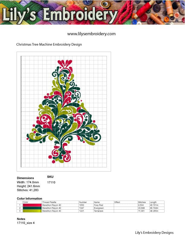 Swirly Christmas Tree Machine Embroidery Design  in 5 Sizes