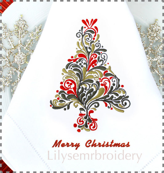 Swirly Christmas Tree Machine Embroidery Design  in 5 Sizes