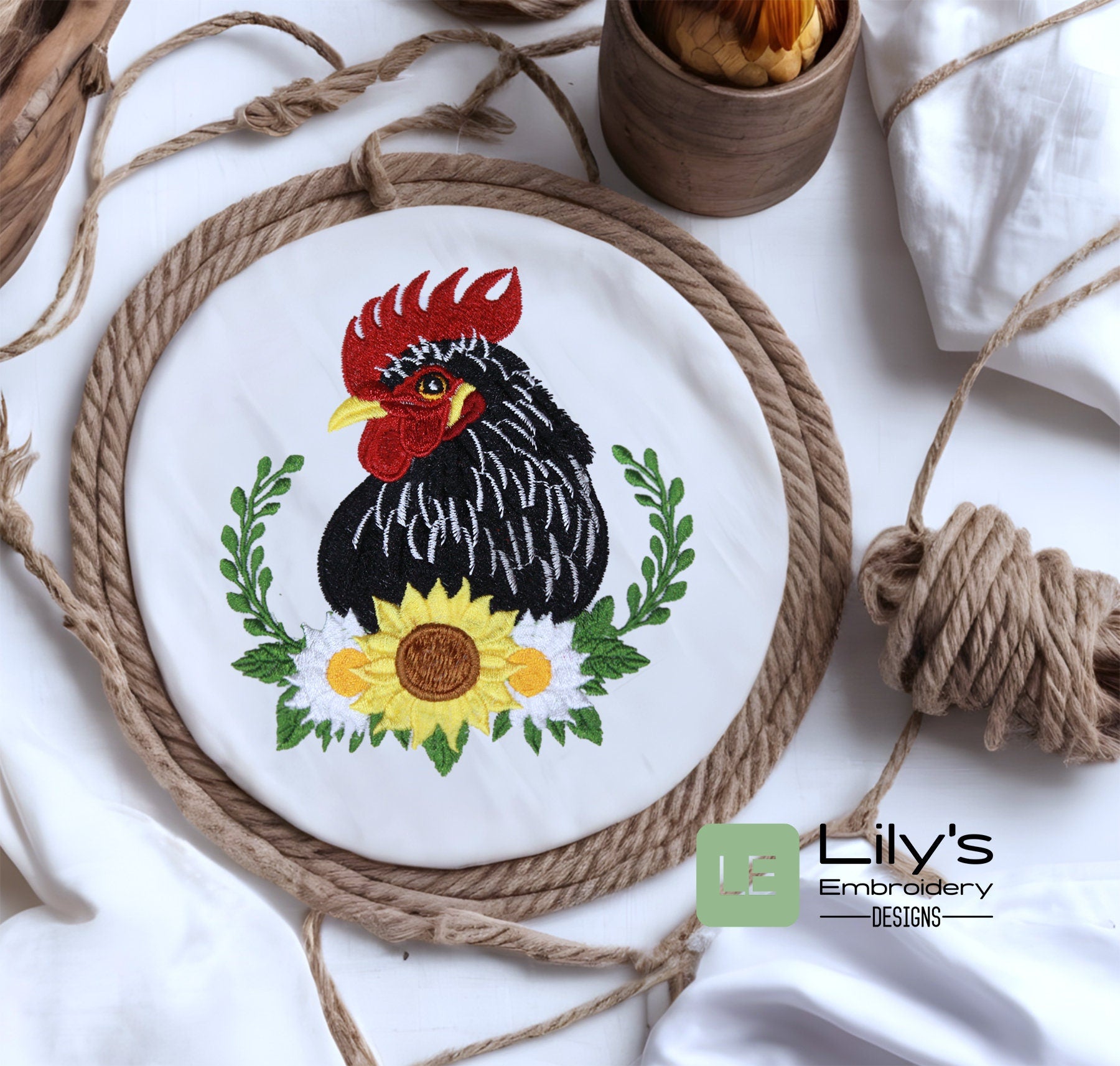 Black rooster head machine embroidery design with sunflowers