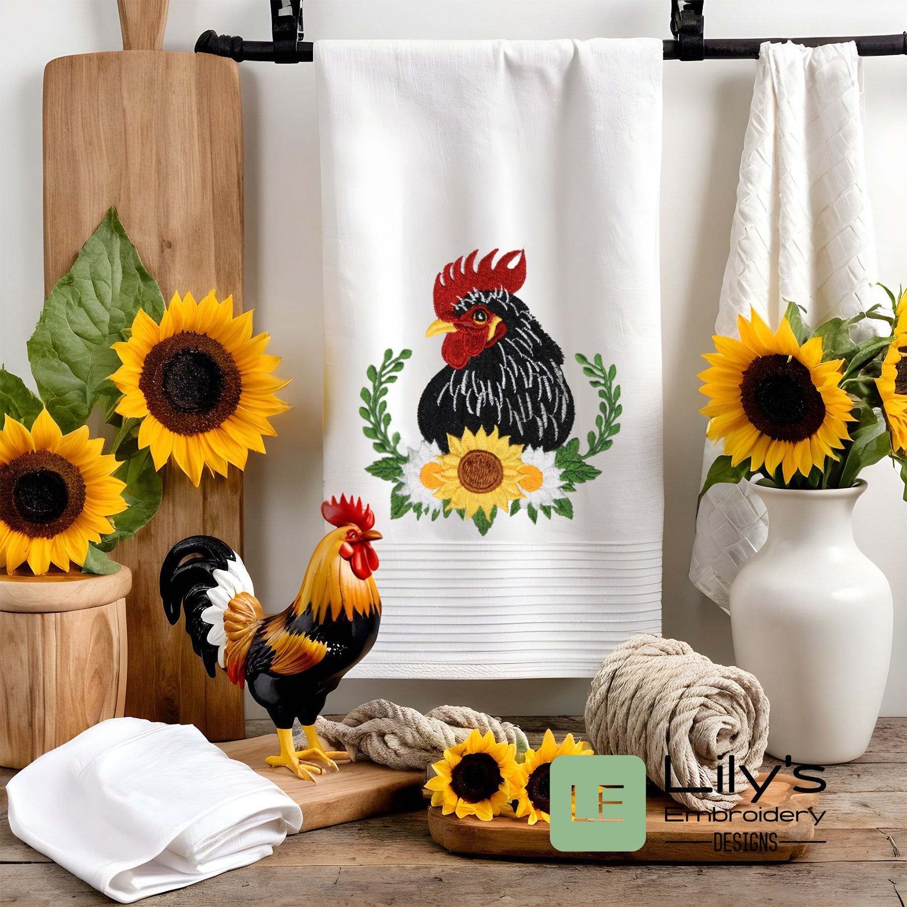 Black rooster head machine embroidery design with sunflowers DIGITAL FILE