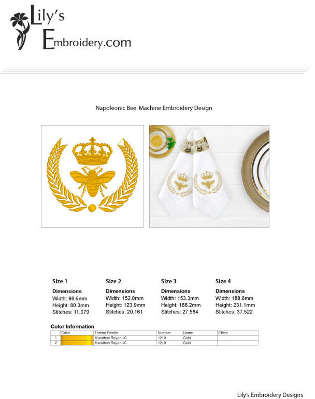 Gold Napoleonic Bee  Machine Embroidery Design  4 sizes
