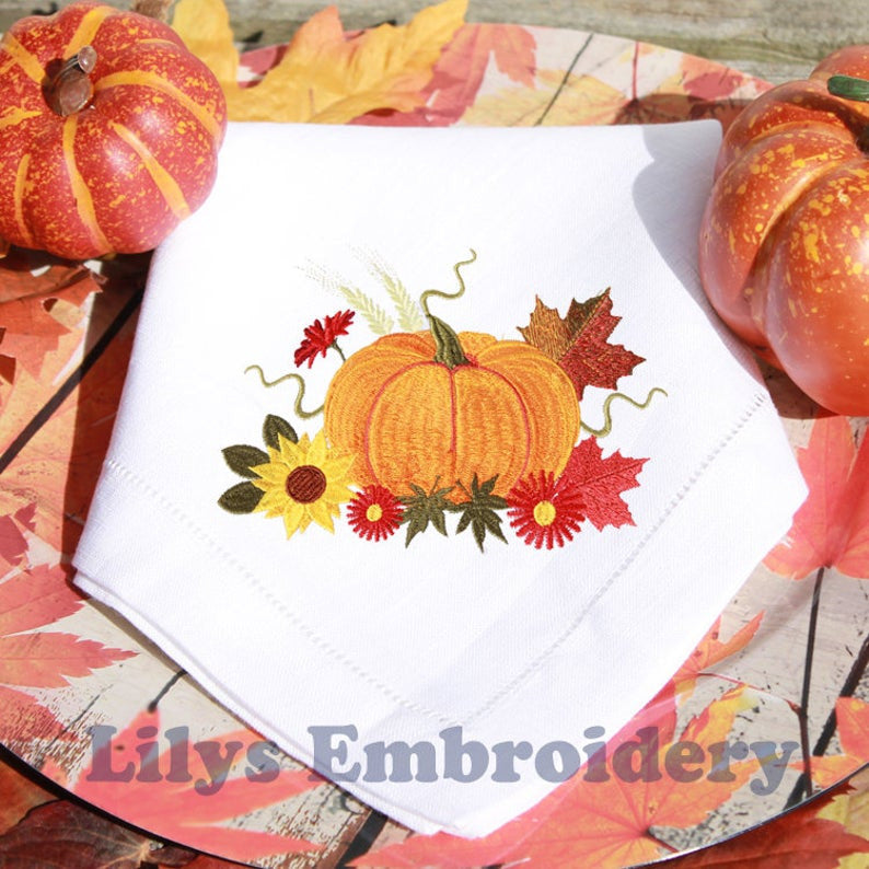 Elegant Pumpkin & Leaf Embroidery Design